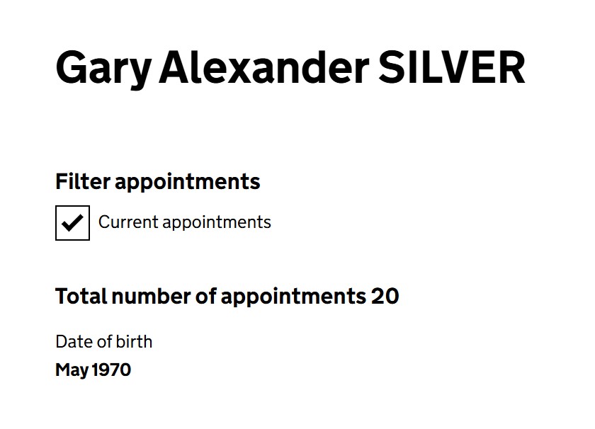 Companies House public record for Gary Alexander Silver showing 20 current appointments
